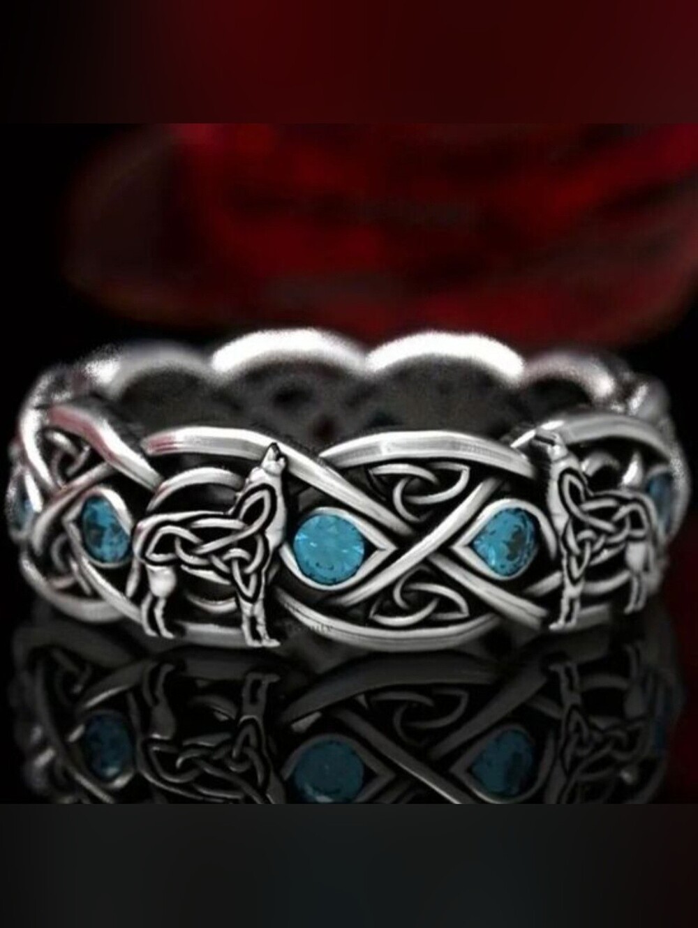 Celtic Blue Rhinestone Wolf Ring Double Wolf NWT